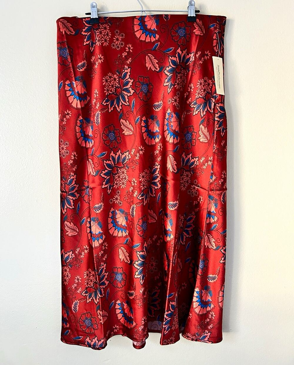 John Paul Richard Satin Floral Midi A-Line Pull On Skirt Sz L Red Blue Pink
